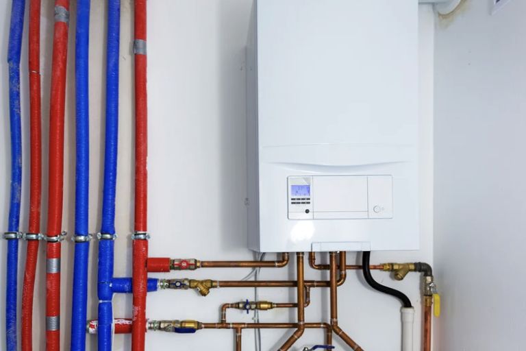 Modern gas boiler with visible pipes and components.
